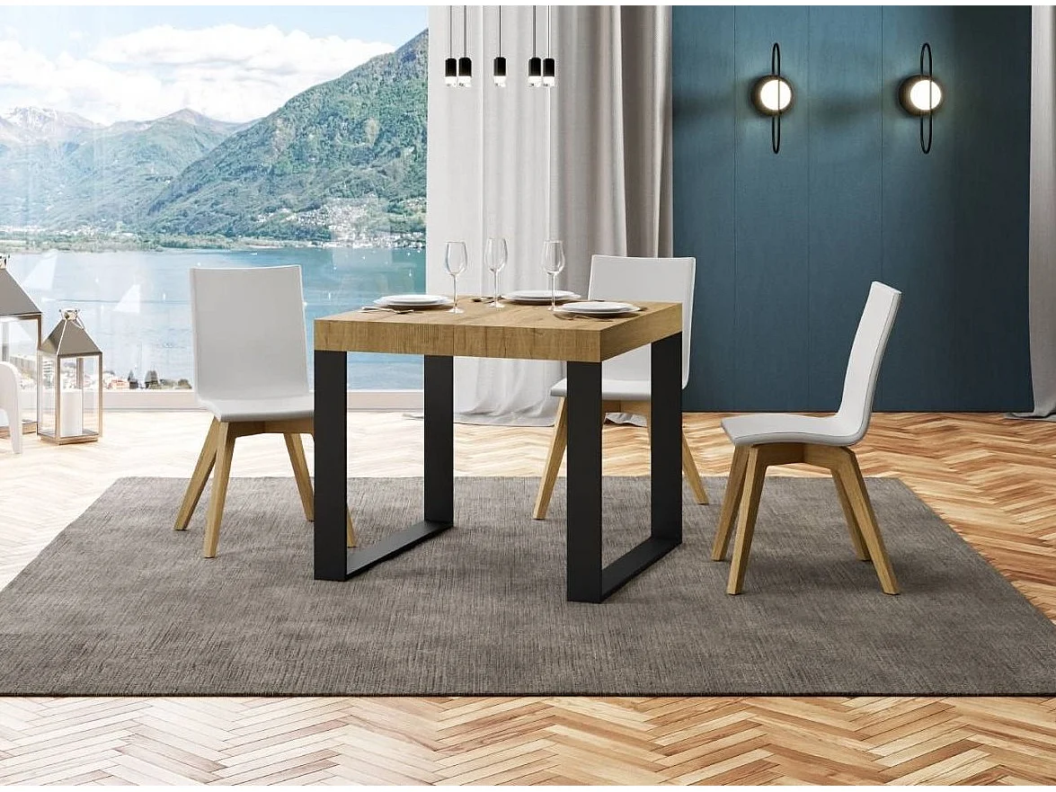 Mesa extensible cuadrada pequeña 90x90/246 cm Tiroz-Color Natural-Soporte 2 pies-3 alargaderas finas