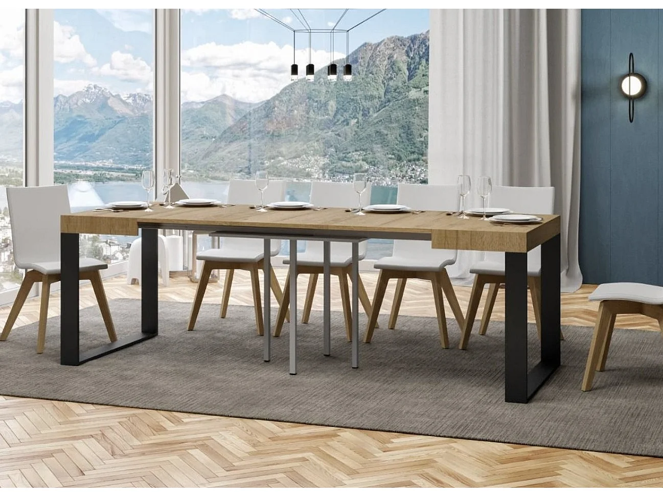 Mesa extensible cuadrada pequeña 90x90/246 cm Tiroz-Color Natural-Soporte 2 pies-3 alargaderas finas