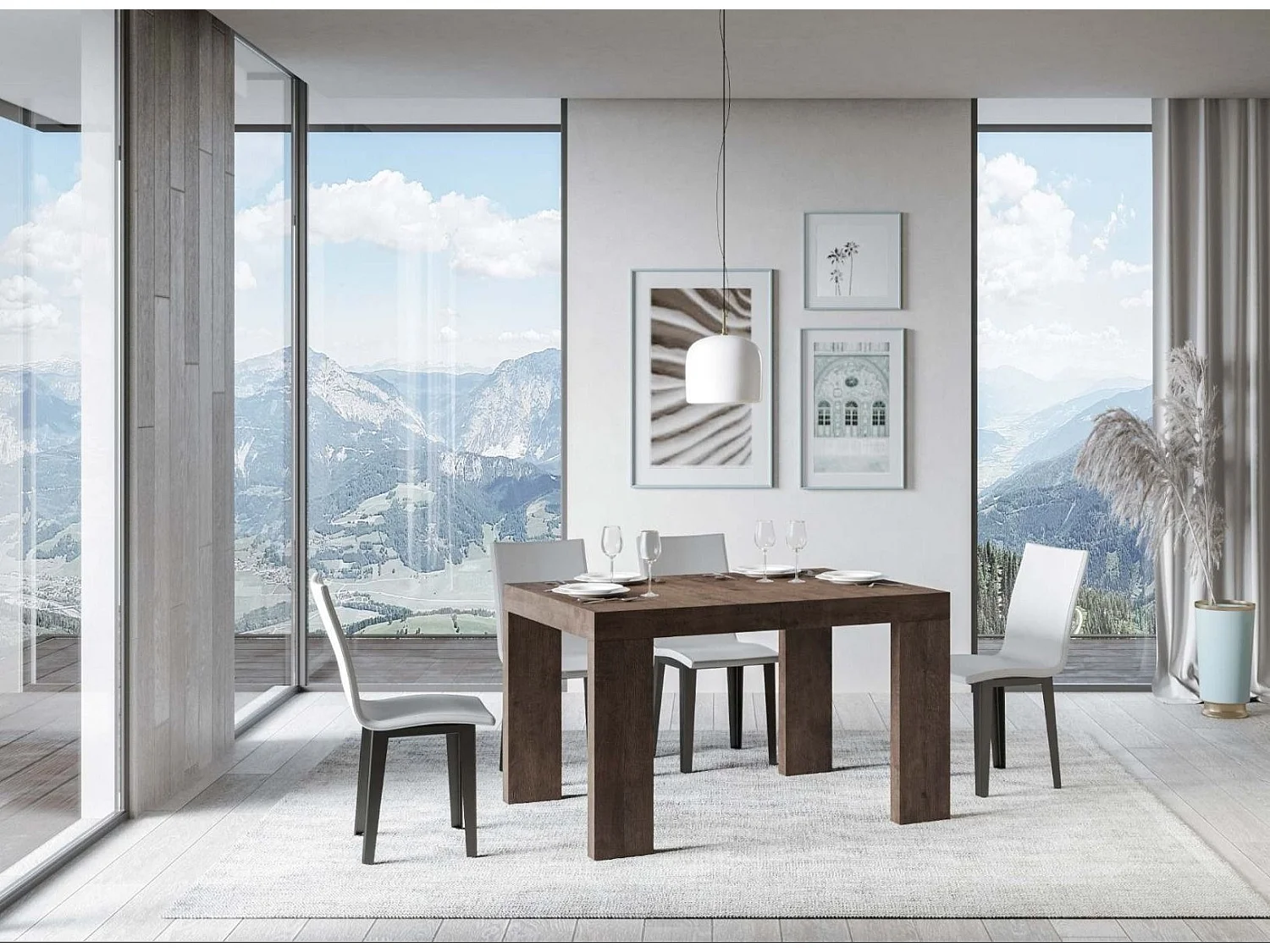 Mesa de comedor extensible de madera Ribo-Color Marrón-Soporte 4 pies-Alargaderas -Ancho extensible