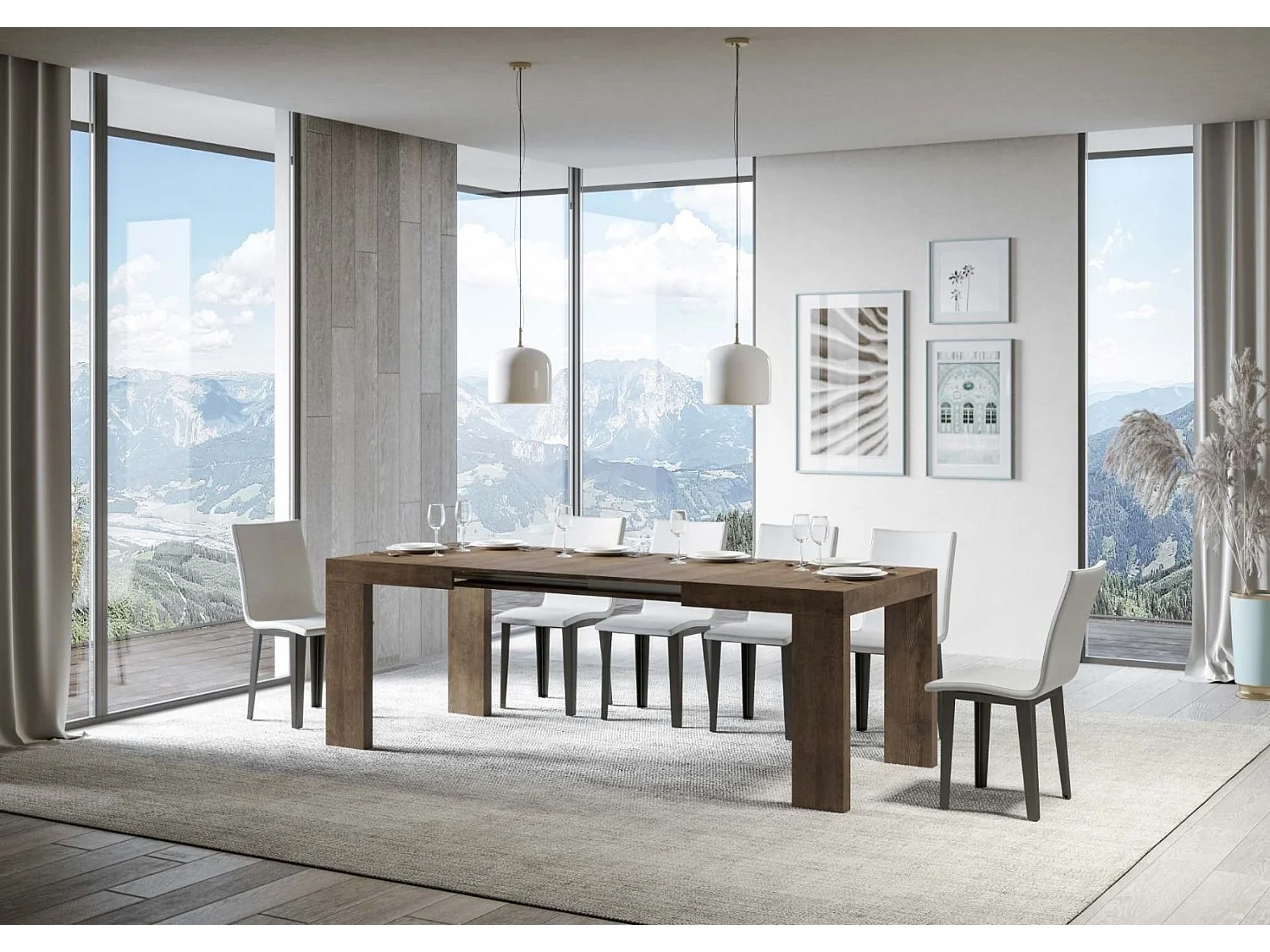 Table rectangulaire extensible 130 à 234cm bois foncé Ribo-Support 4 pieds