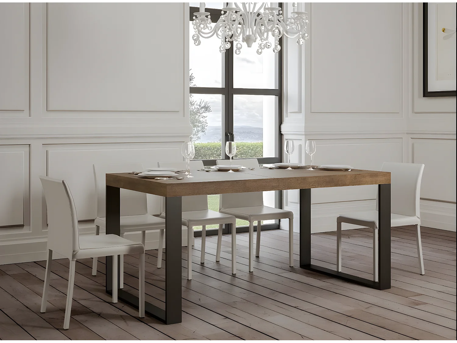 Mesa de comedor extensible tiroz-Color Marrón-Soporte 2 pies-5 alargaderas finas-Ancho extensible