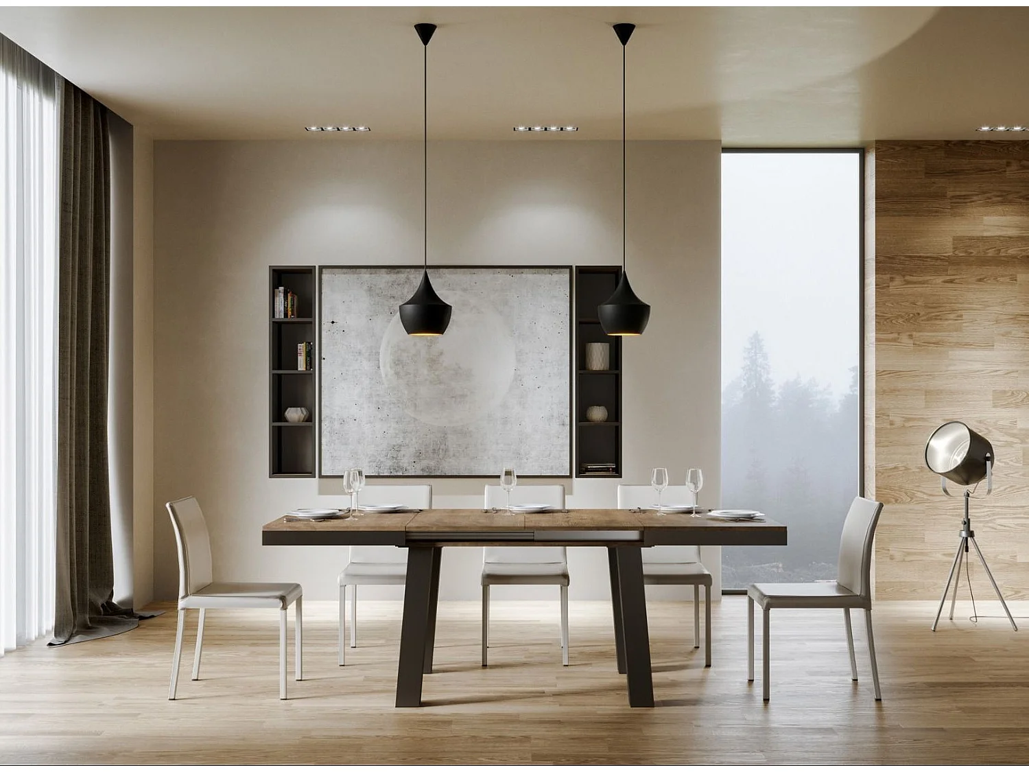 Uitschuifbare tafel 6 tot 16 plaatsen L 120 tot 380 cm donker hout en antraciet metalen frame Bidy