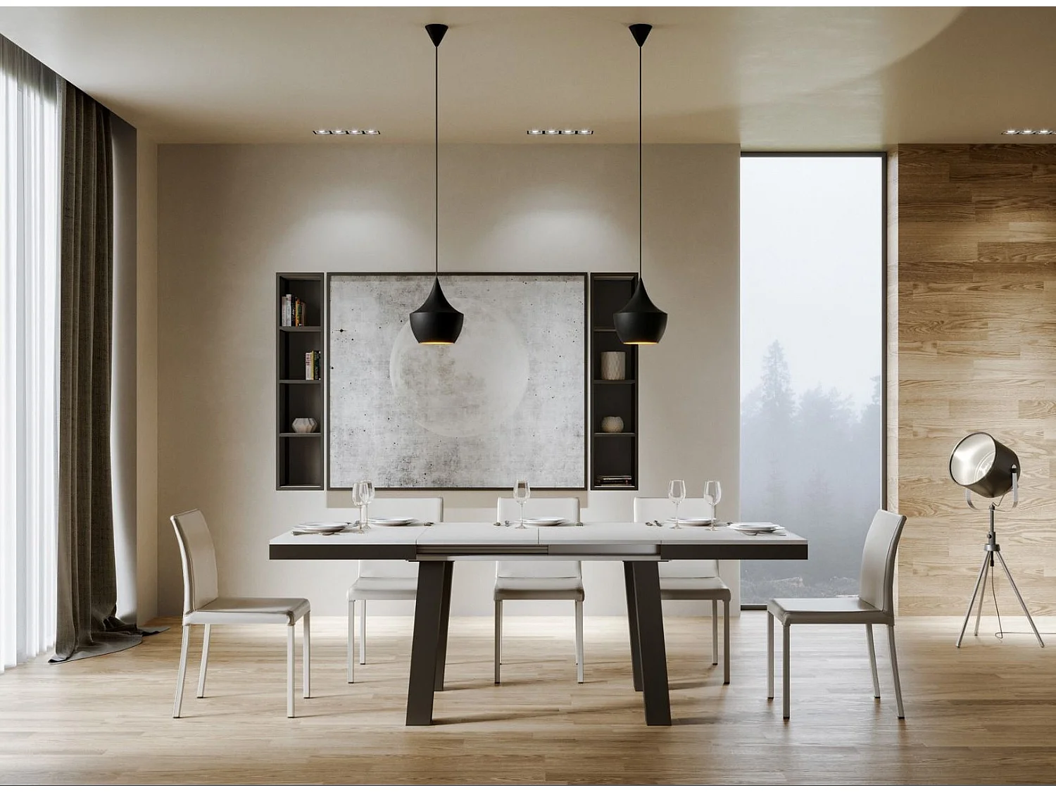 Uitschuifbare tafel 6 tot 10 plaatsen L 120 tot 224 cm wit en antraciet metalen frame Bidy