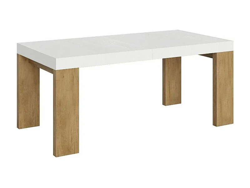 Table rectangulaire extensible blanche et bois clair 180 à 440cm Ribo-Pied et support sur roulettes