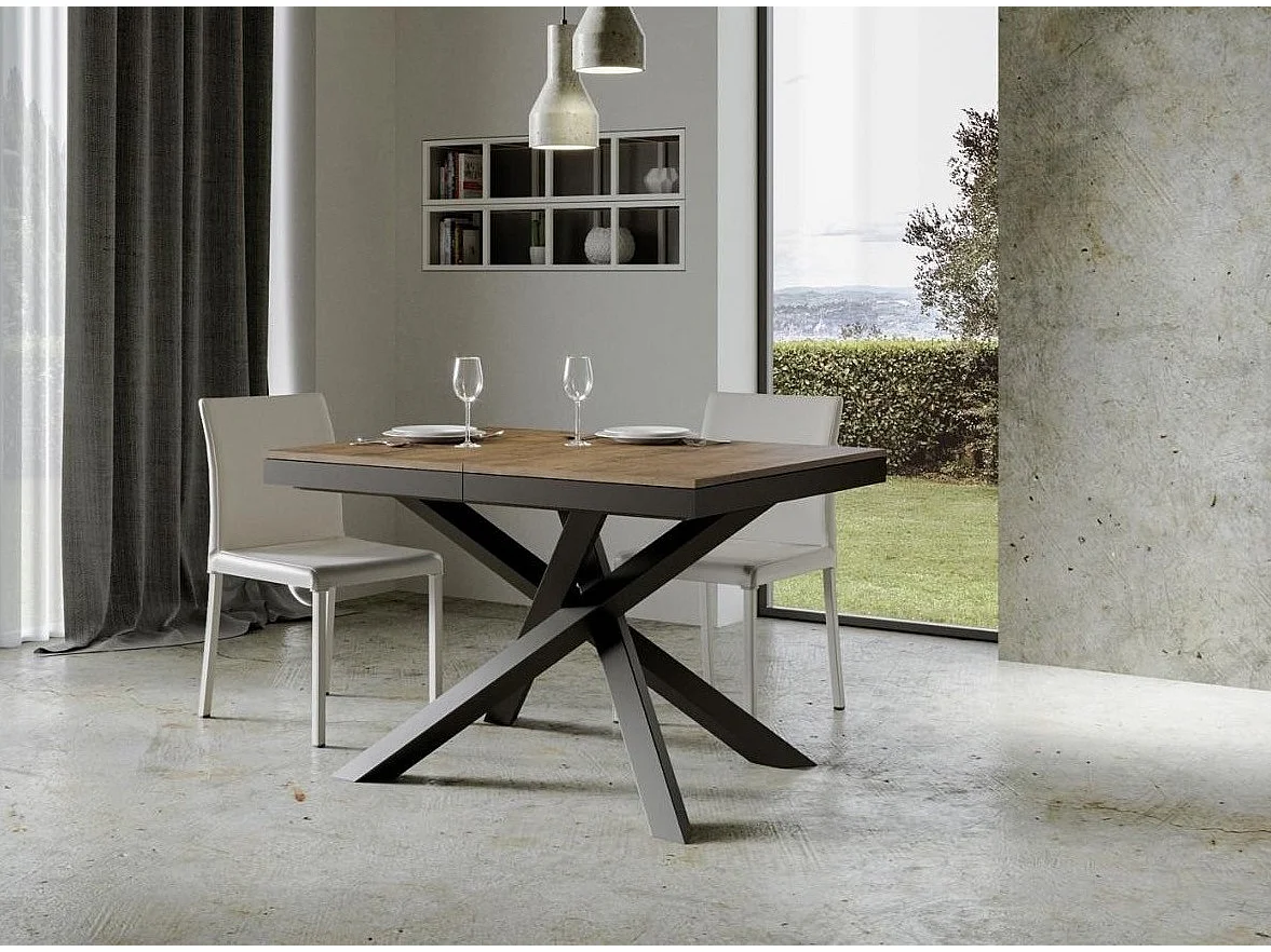 Uitschuifbare tafel in bruin hout en antraciet frame 120/380 cm Klass