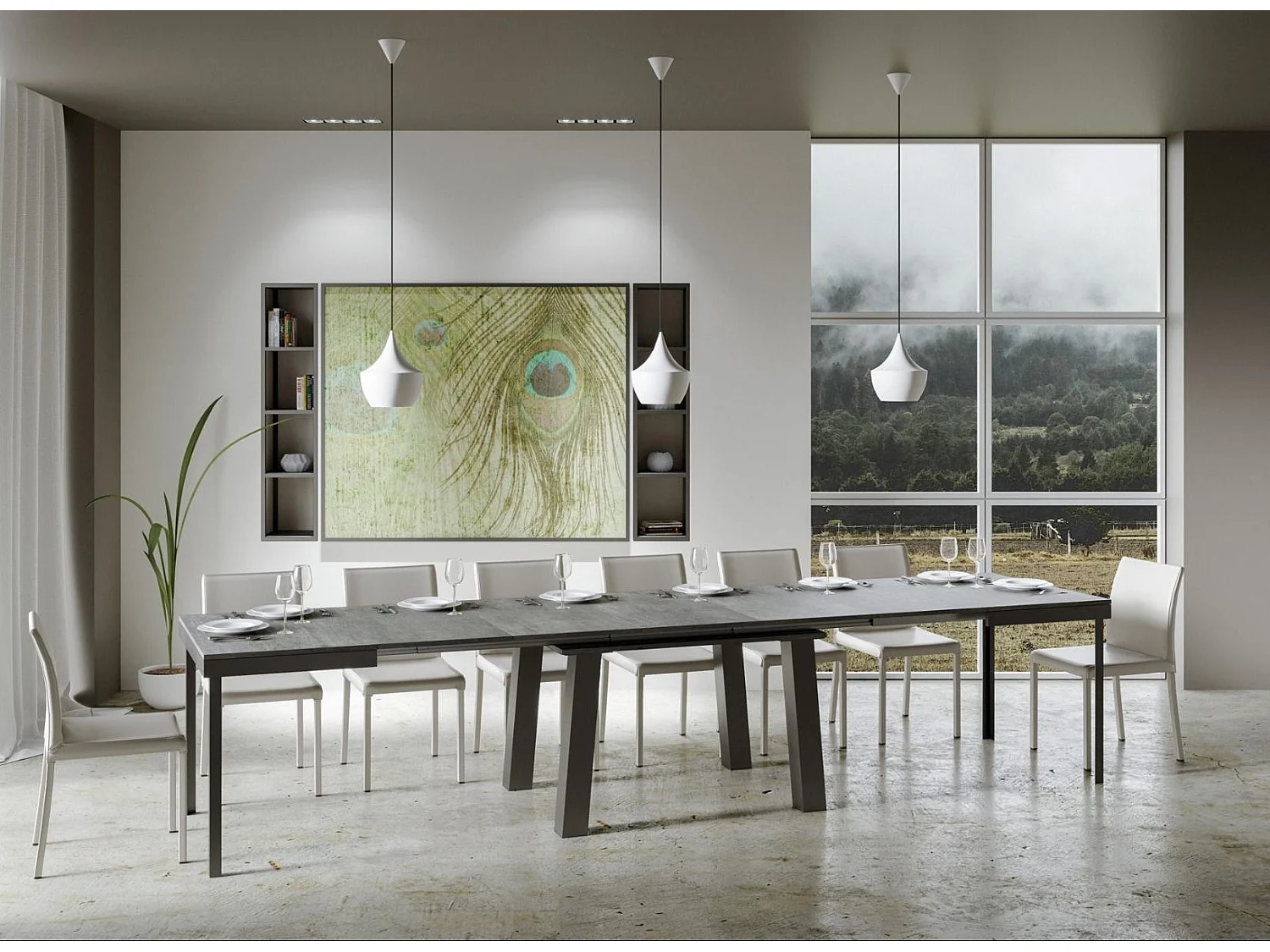 Mesa extensible de 6 a 20 plazas L 160 a 420 cm estructura de metal gris hormigón y antracita Bidy