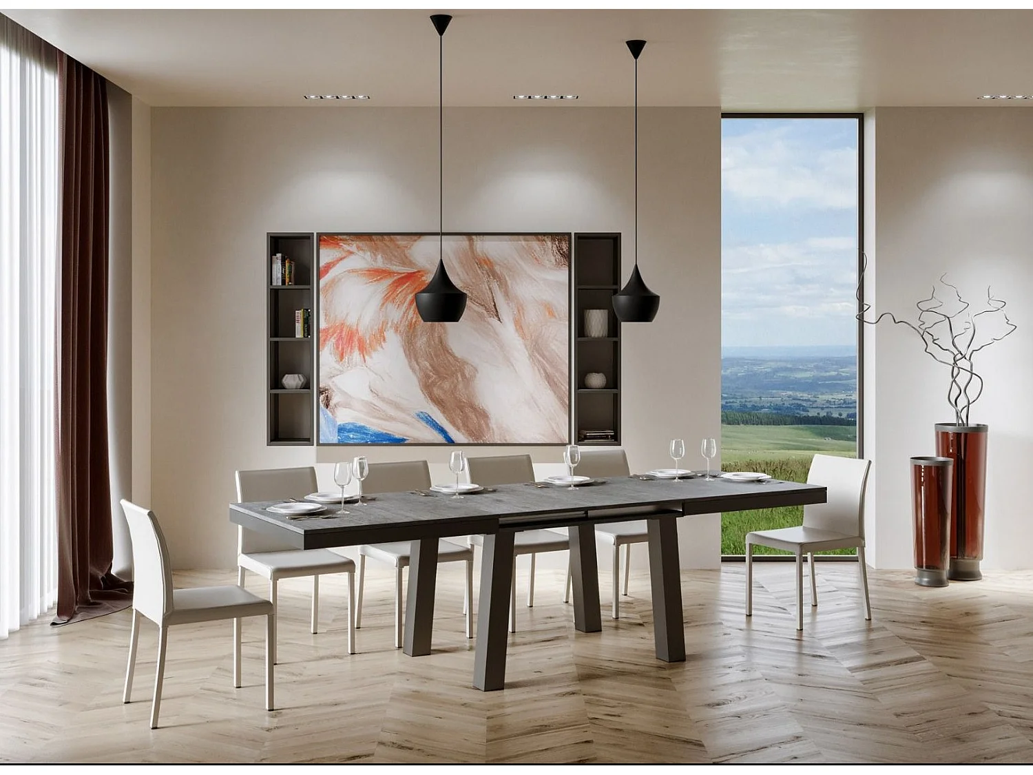 Mesa extensible de 6 a 20 plazas L 160 a 420 cm estructura de metal gris hormigón y antracita Bidy