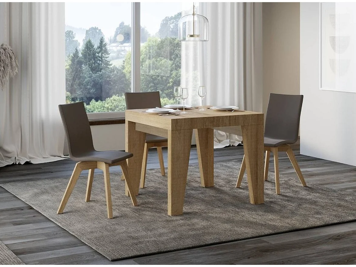 Mesa extensible cuadrada pequeña 90x90/246 cm Naxo-Color Natural-Soporte 4 pies-3 alargaderas finas