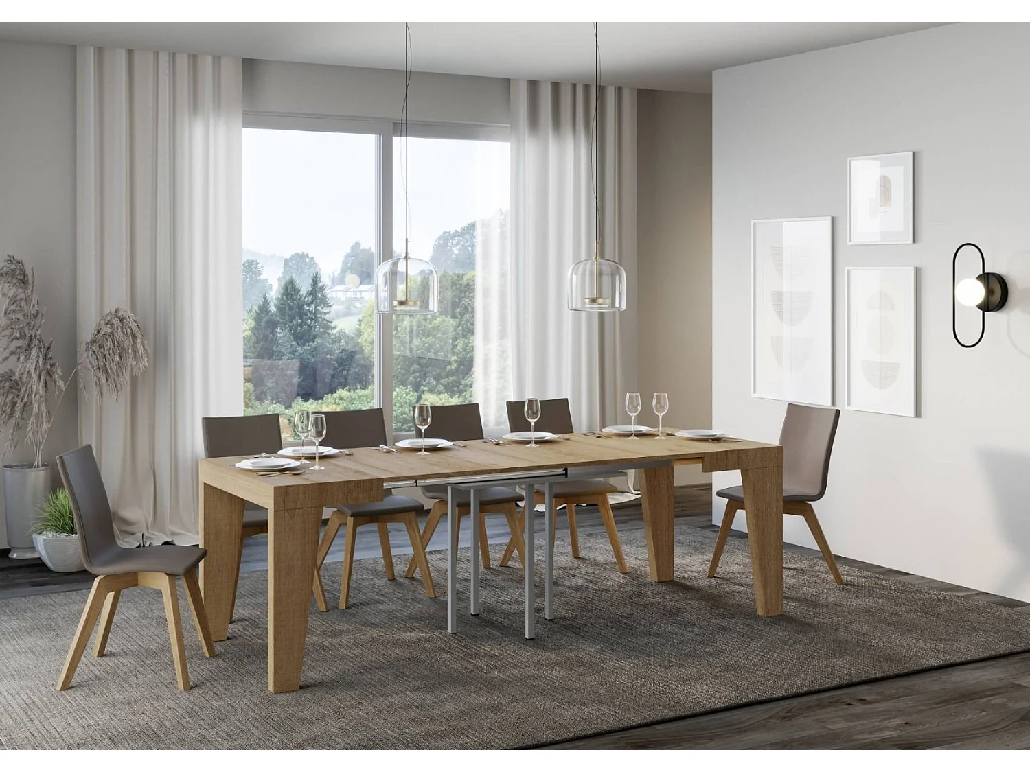 Mesa extensible cuadrada pequeña 90x90/246 cm Naxo-Color Natural-Soporte 4 pies-3 alargaderas finas