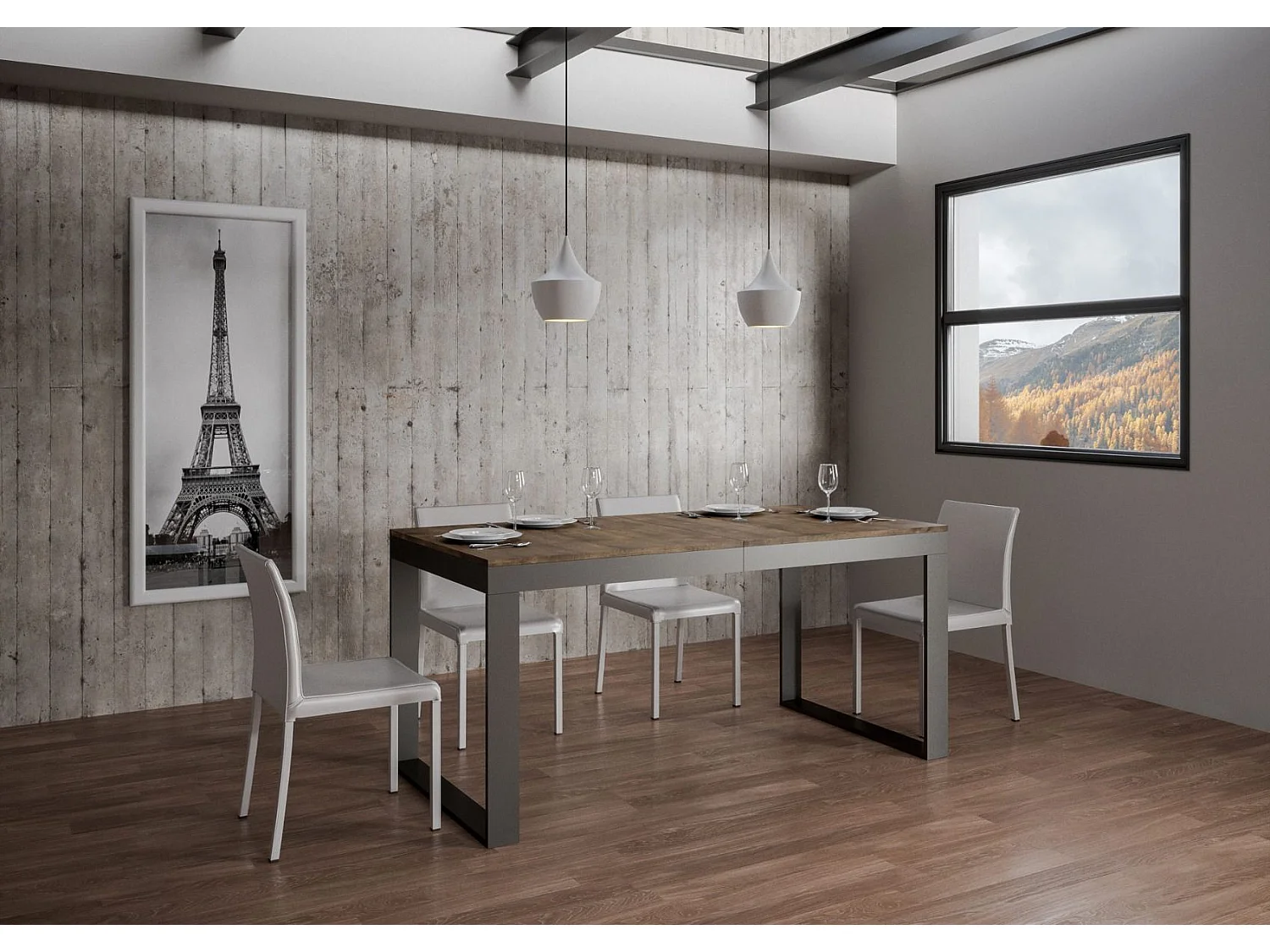 Table extensible 180 à 440cm bois foncé et métal anthracite Likro-Support 4 pieds