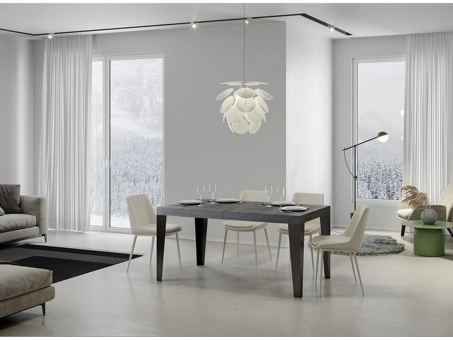 Table rectangulaire extensible 8 à 14 places L 180 à 284cm noyer et pieds métal anthracite Flavio