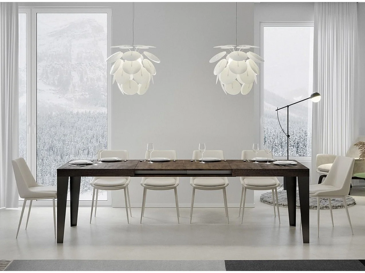 Table rectangulaire extensible 8 à 14 places L 180 à 284cm noyer et pieds métal anthracite Flavio