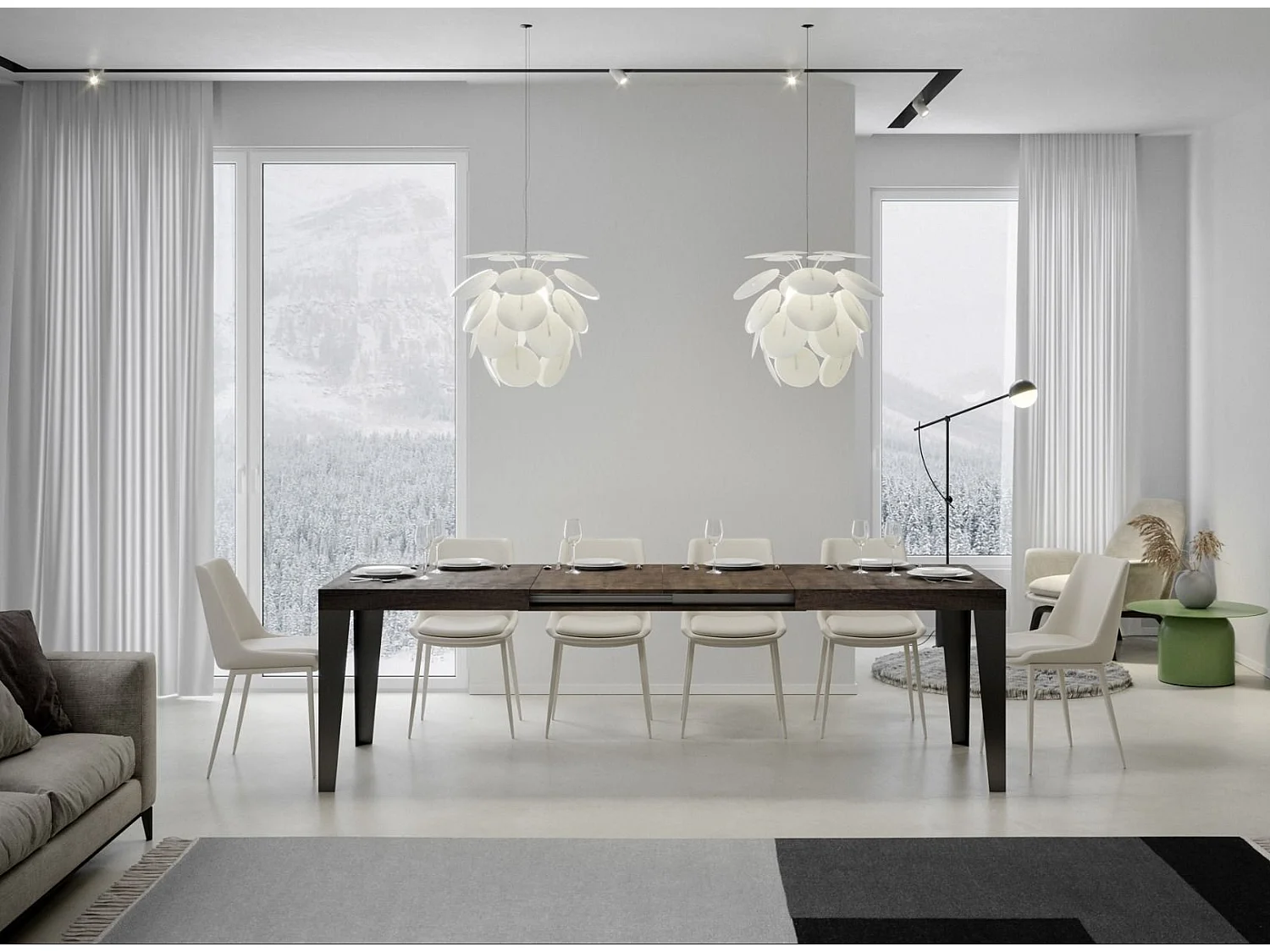 Table rectangulaire extensible 8 à 14 places L 180 à 284cm noyer et pieds métal anthracite Flavio