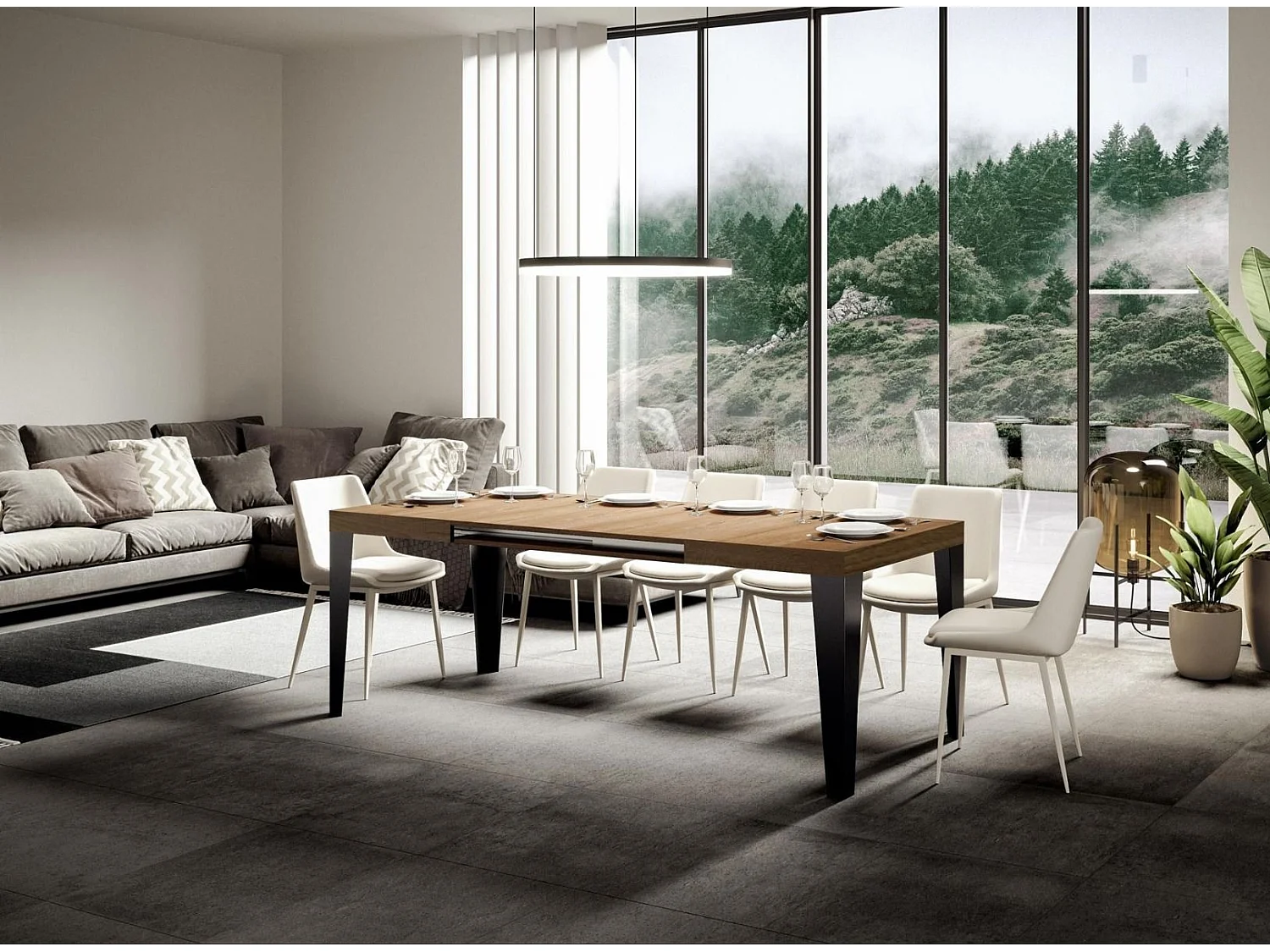 Table rectangulaire extensible 6 à 10 places L 130 à 234cm chêne clair et pieds métal anthracite Flavio