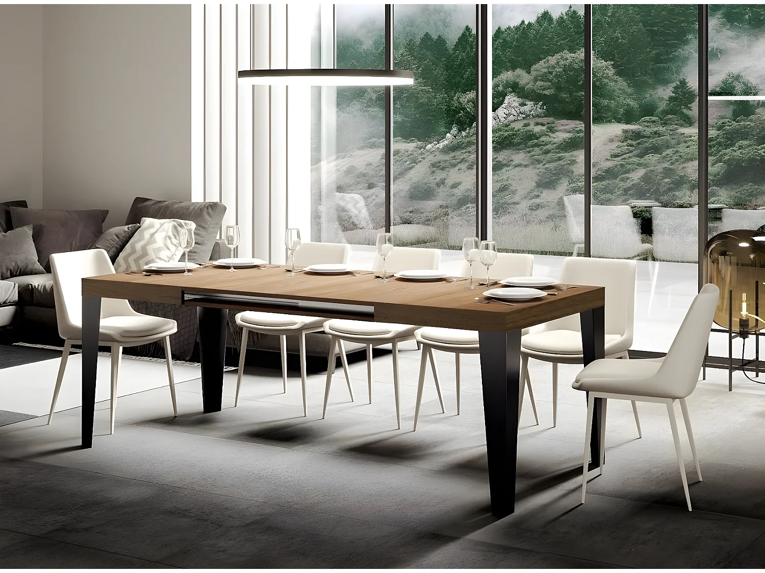 Table rectangulaire extensible 6 à 10 places L 130 à 234cm chêne clair et pieds métal anthracite Flavio