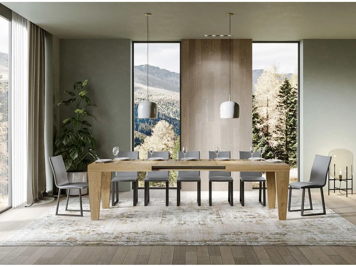 Mesa de comedor extensible de madera Kristo patas en V-Color Natural-Soporte 2 pies-Alargaderas -Ancho extensible