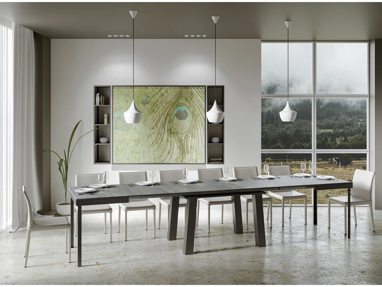 Table extensible 6 à 16 places L 120 à 380cm gris béton et cadre métal anthracite Bidy