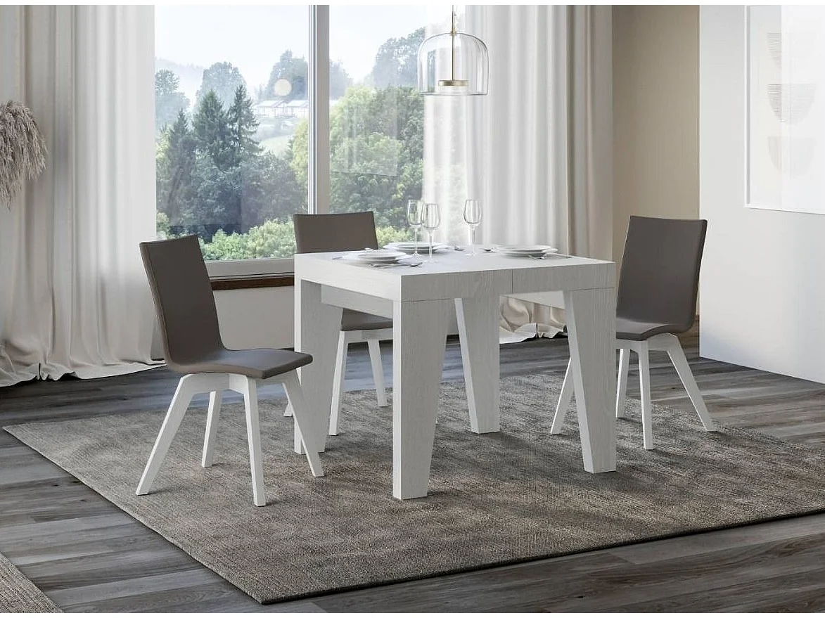 Petite table carrée 90-90cm extensible 10 personnes 90 à 246cm blanc Naxo-Pied et support sur roulettes
