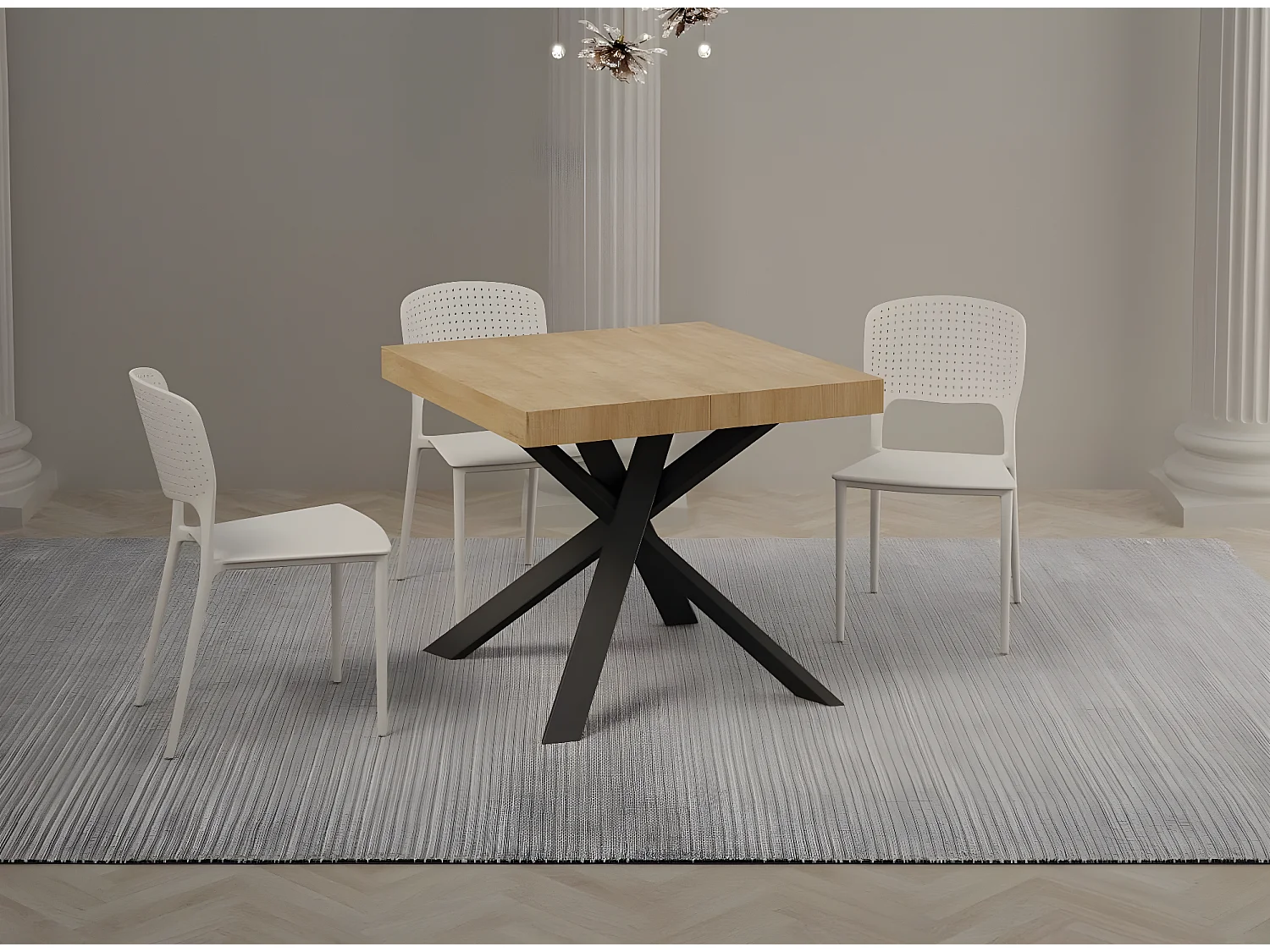 Mesa extensible cuadrada pequeña 90x90/194 cm patas acero antracita Karzy-Color Natural