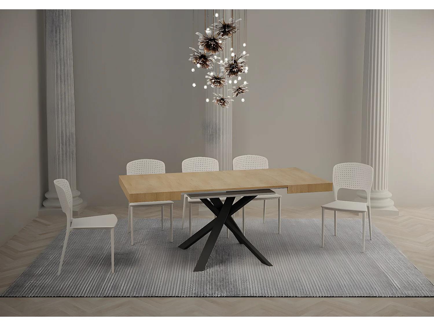 Mesa extensible cuadrada pequeña 90x90/194 cm patas acero antracita Karzy-Color Natural