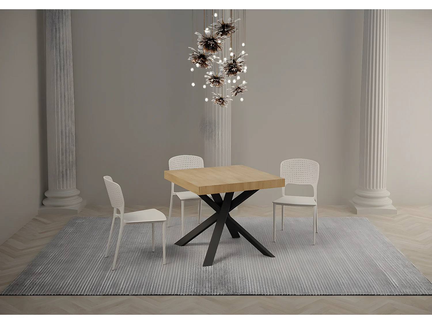 Mesa extensible cuadrada pequeña 90x90/194 cm patas acero antracita Karzy-Color Natural