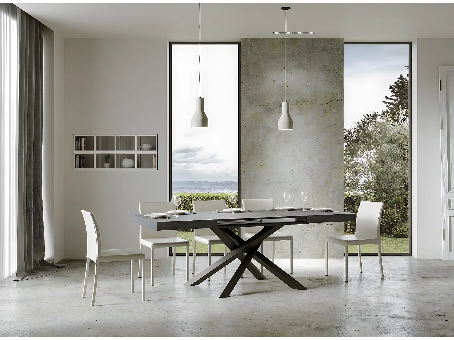 Uitschuifbare tafel voor 4 tot 10 personen in grijs betoneffect en antraciet verweven poten L 130 tot 234 cm Artemis