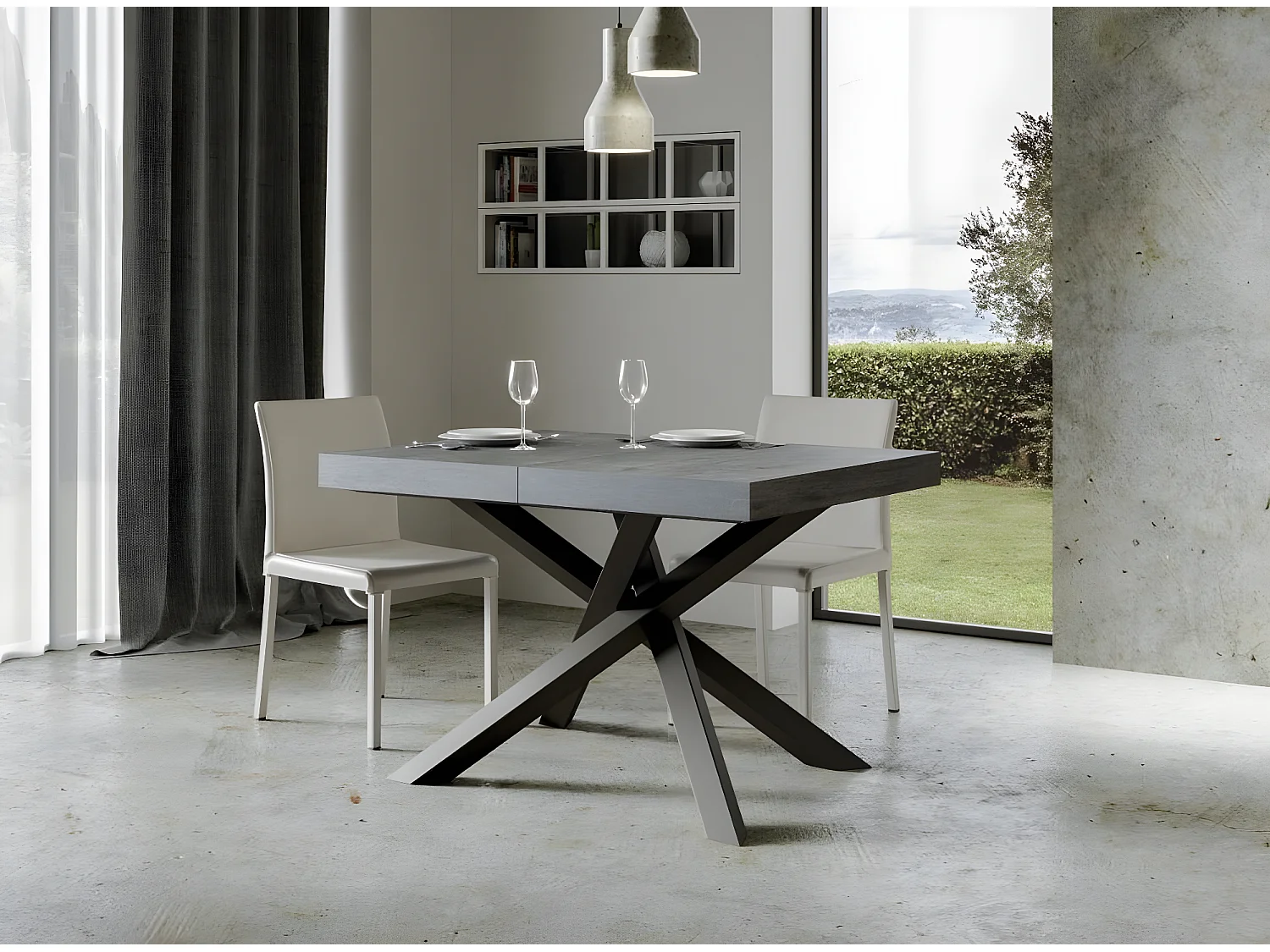 Table extensible 4 à 10 personnes gris effet béton et pieds entrelacés anthracite L 130 à 234cm Artemis