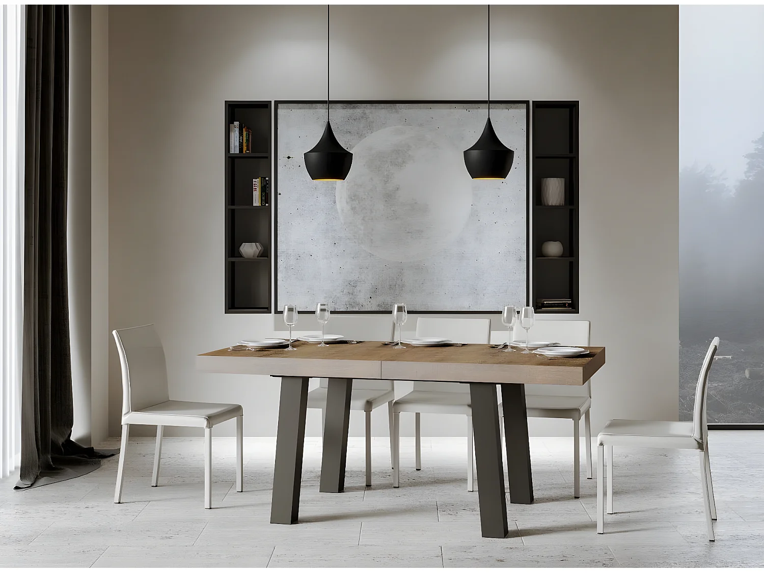 Table extensible 6 à 14 places L 180 à 284cm bois foncé et pieds métal anthracite Bidy