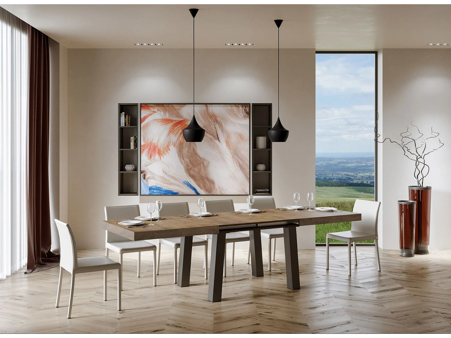 Table extensible 6 à 14 places L 180 à 284cm bois foncé et pieds métal anthracite Bidy