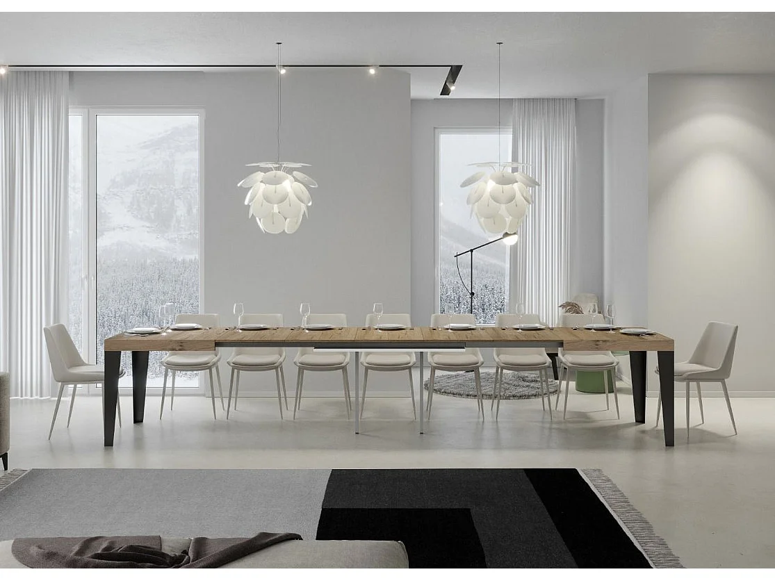 Mesa de comedor extensible Flavio-Color Natural-Soporte 2 pies-5 alargaderas finas-Ancho extensible