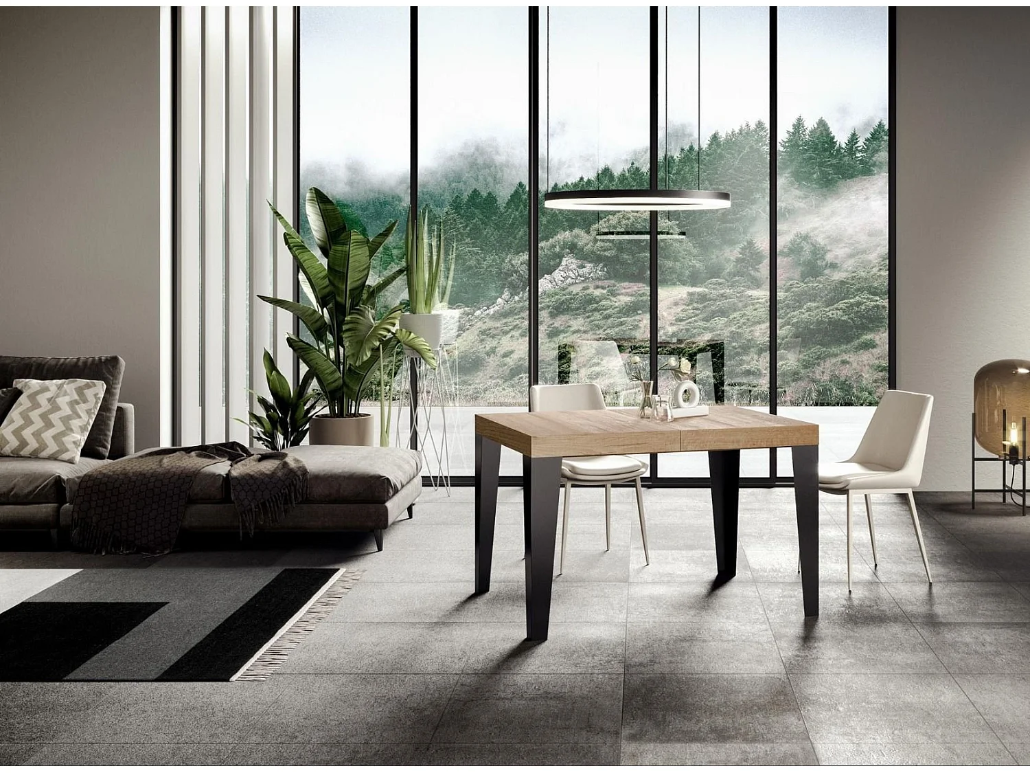 Mesa de comedor extensible Flavio-Color Natural-Soporte 2 pies-5 alargaderas finas-Ancho extensible