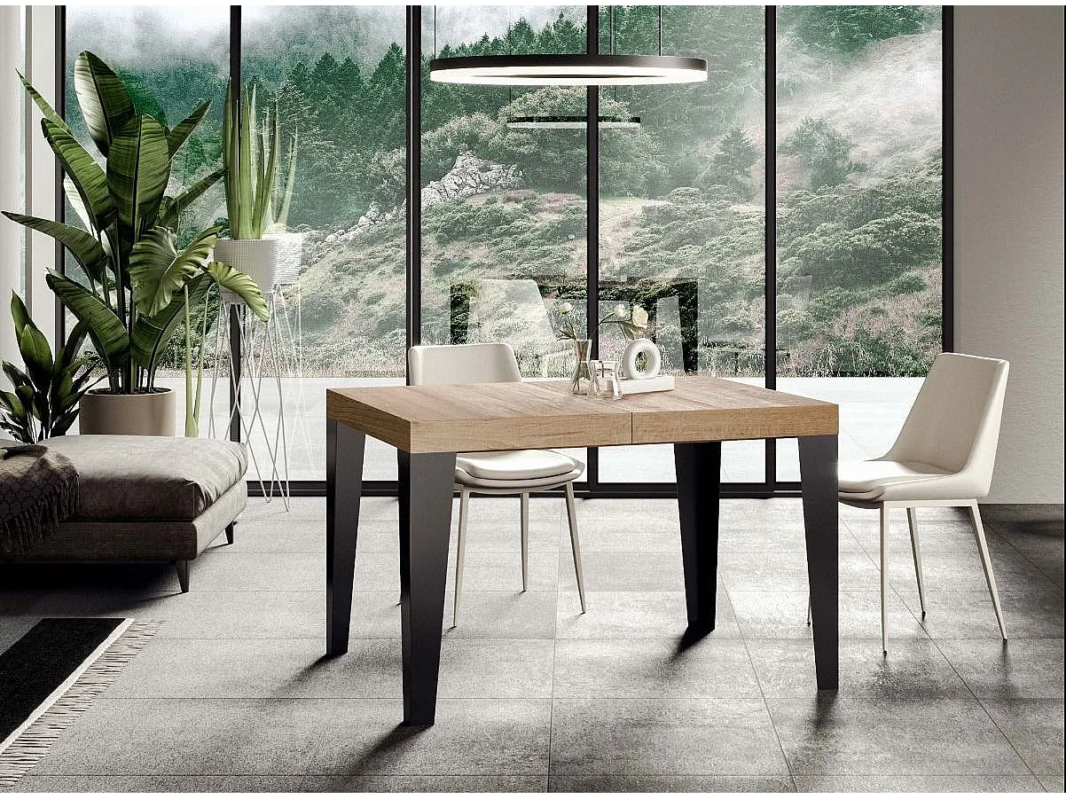 Mesa de comedor extensible Flavio-Color Natural-Soporte 2 pies-5 alargaderas finas-Ancho extensible