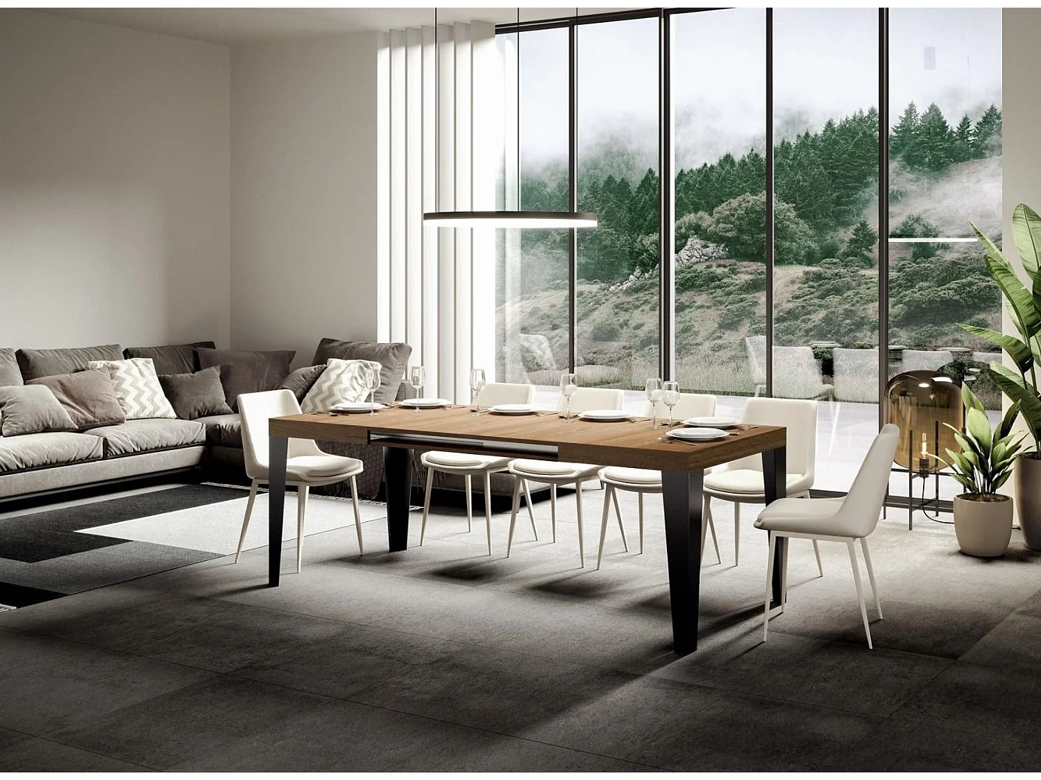 Mesa de comedor extensible Flavio-Color Natural-Soporte 2 pies-5 alargaderas finas-Ancho extensible