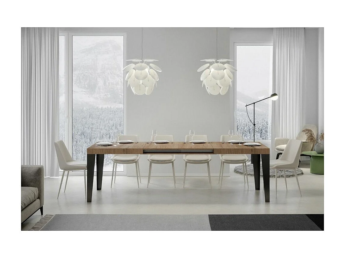 Mesa de comedor extensible Flavio-Color Natural-Soporte 2 pies-5 alargaderas finas-Ancho extensible