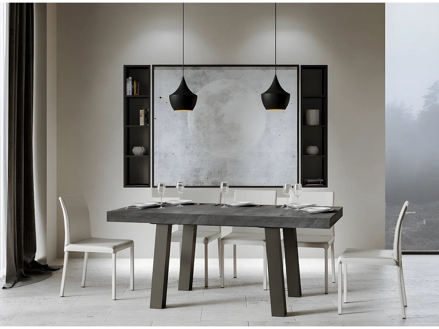 Table extensible 6 à 12 places L 160 à 264cm gris béton et pieds métal anthracite Bidy