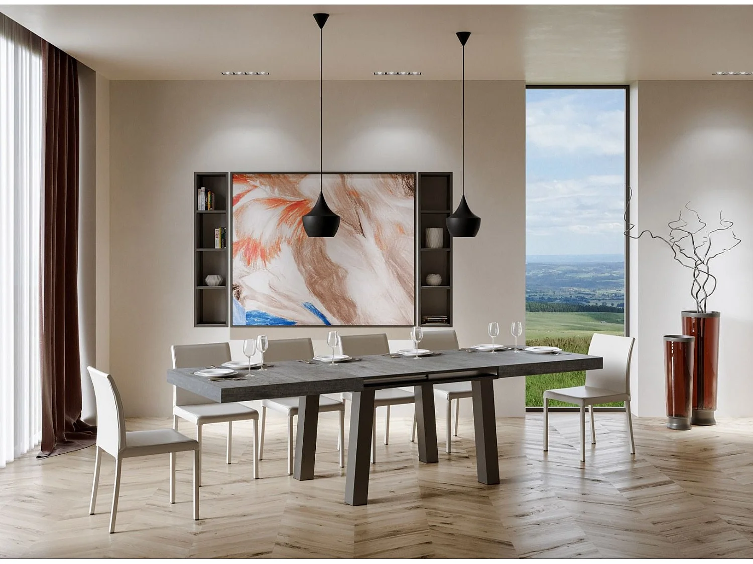 Table extensible 6 à 12 places L 160 à 264cm gris béton et pieds métal anthracite Bidy