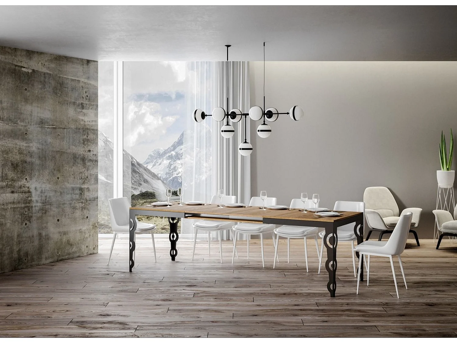 Mesa oriental extensible rectangular para 6 a 10 personas L 120 a 224 cm estructura de metal roble claro y antracita Zakary