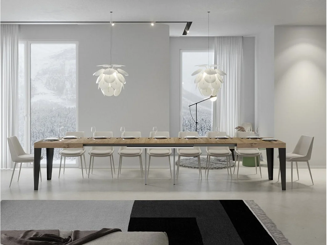 Table rectangulaire extensible 8 à 20 places L 180 à 440cm chêne clair et pieds métal anthracite Flavio