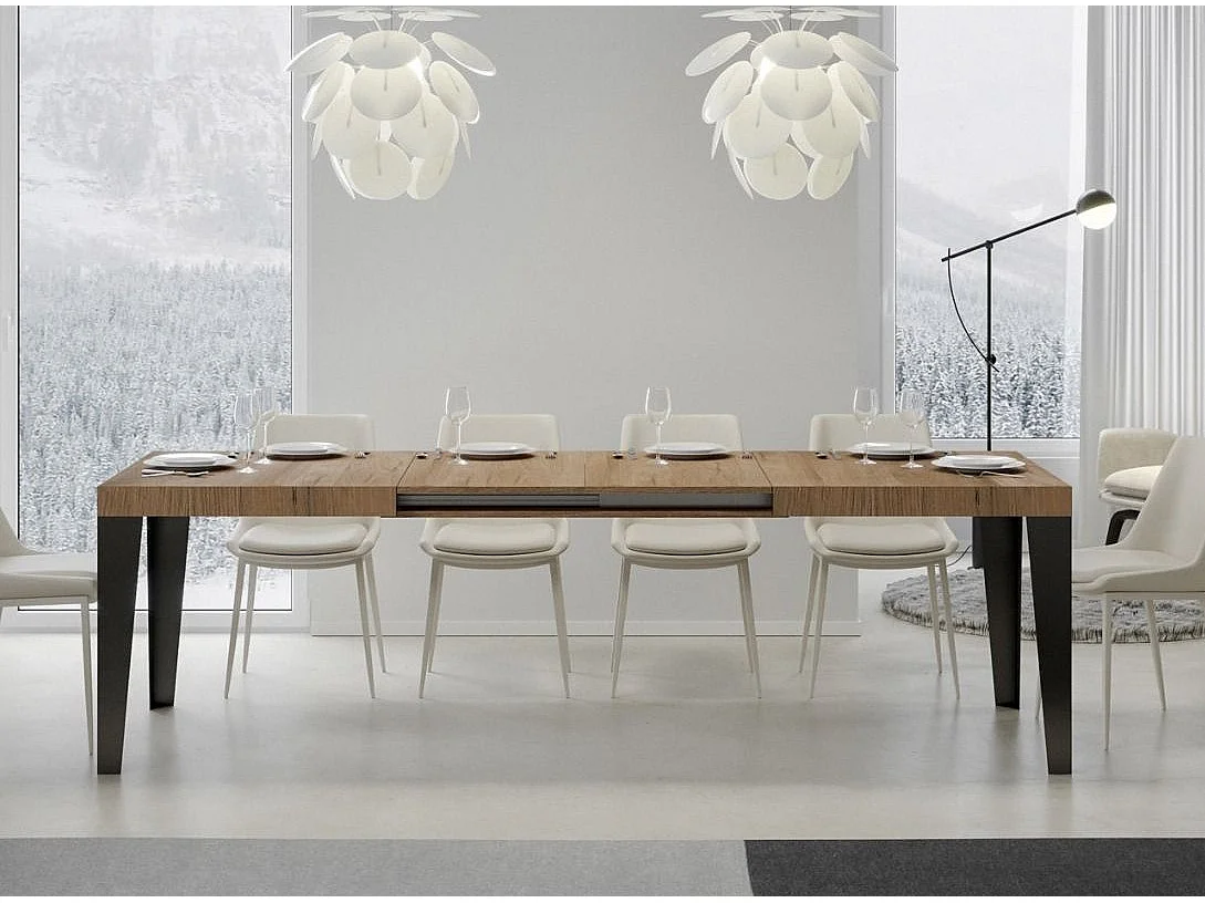 Table rectangulaire extensible 8 à 20 places L 180 à 440cm chêne clair et pieds métal anthracite Flavio