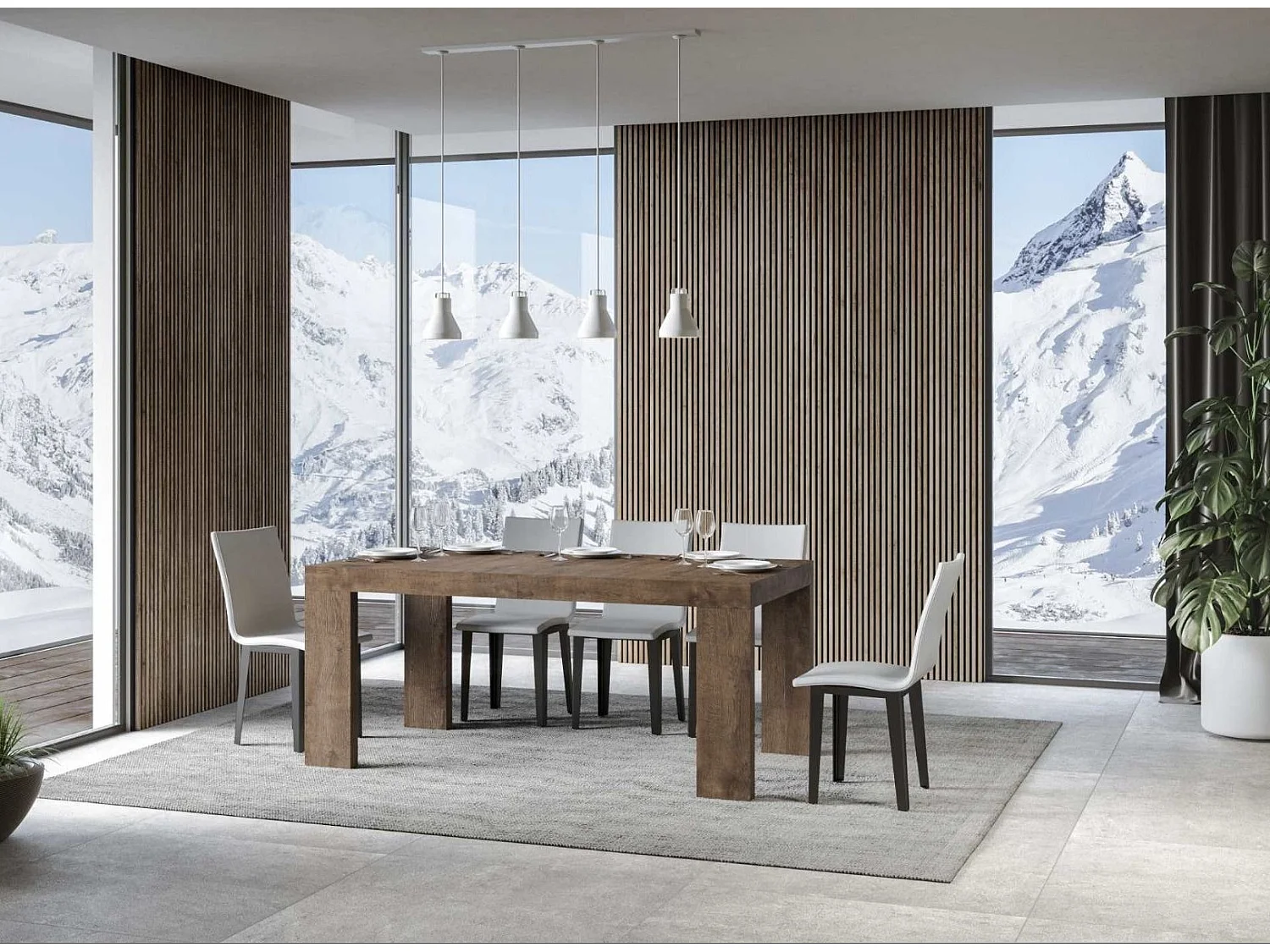 Mesa de comedor extensible de madera Ribo-Color Marrón-Soporte 4 pies-Alargaderas -Ancho extensible