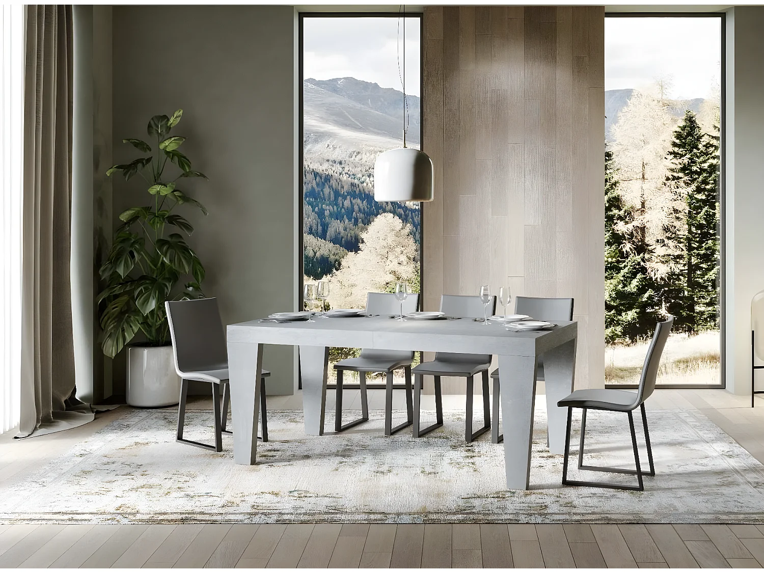 Mesa de comedor extensible de madera Kristo patas en V-Color Gris cemento-Base y soporte con ruedas-5 alargaderas finas-Ancho extensible