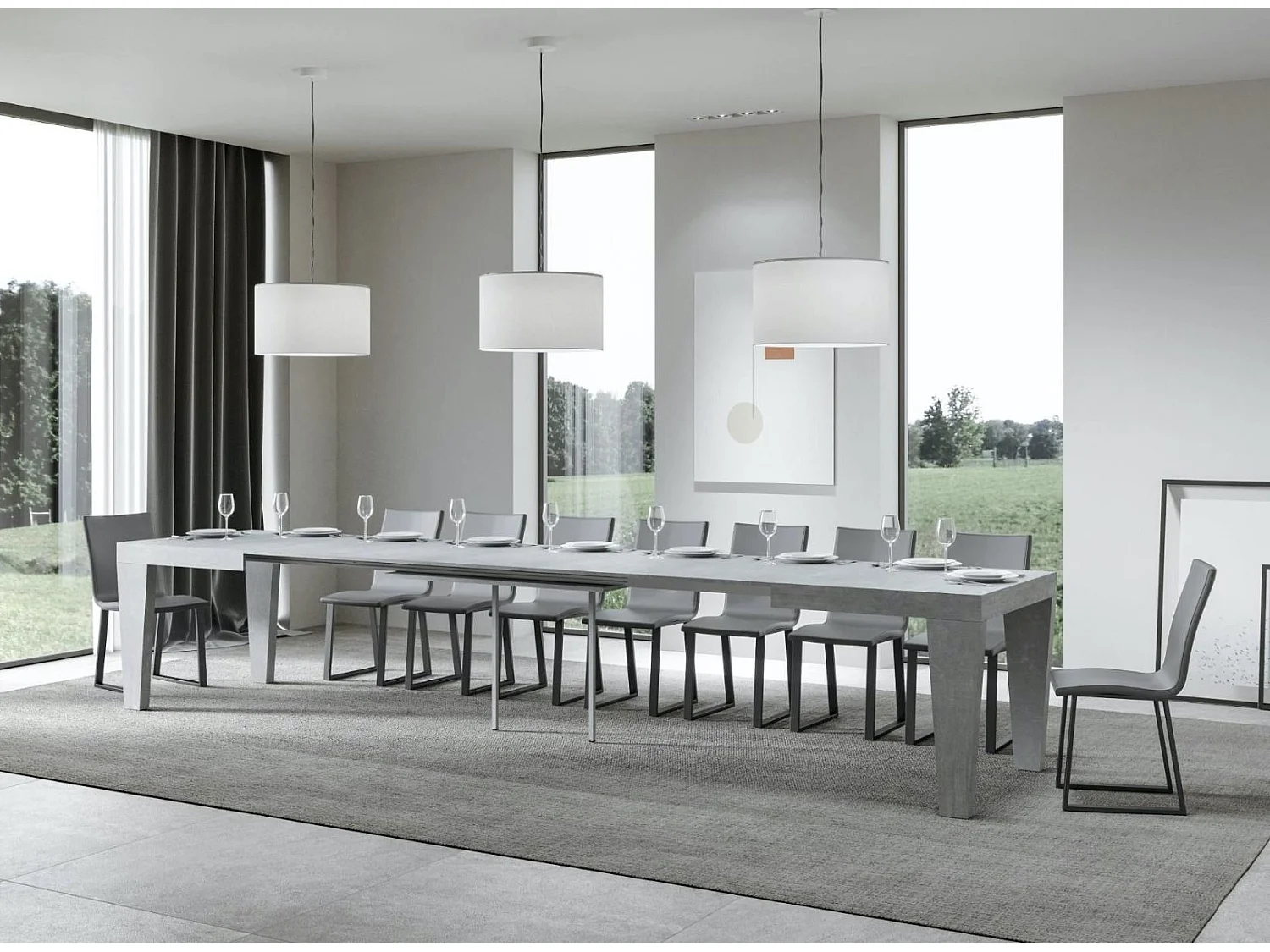 Table extensible 6 à 20 places gris cendré Kristo 160 à 420cm-Pied et support sur roulettes