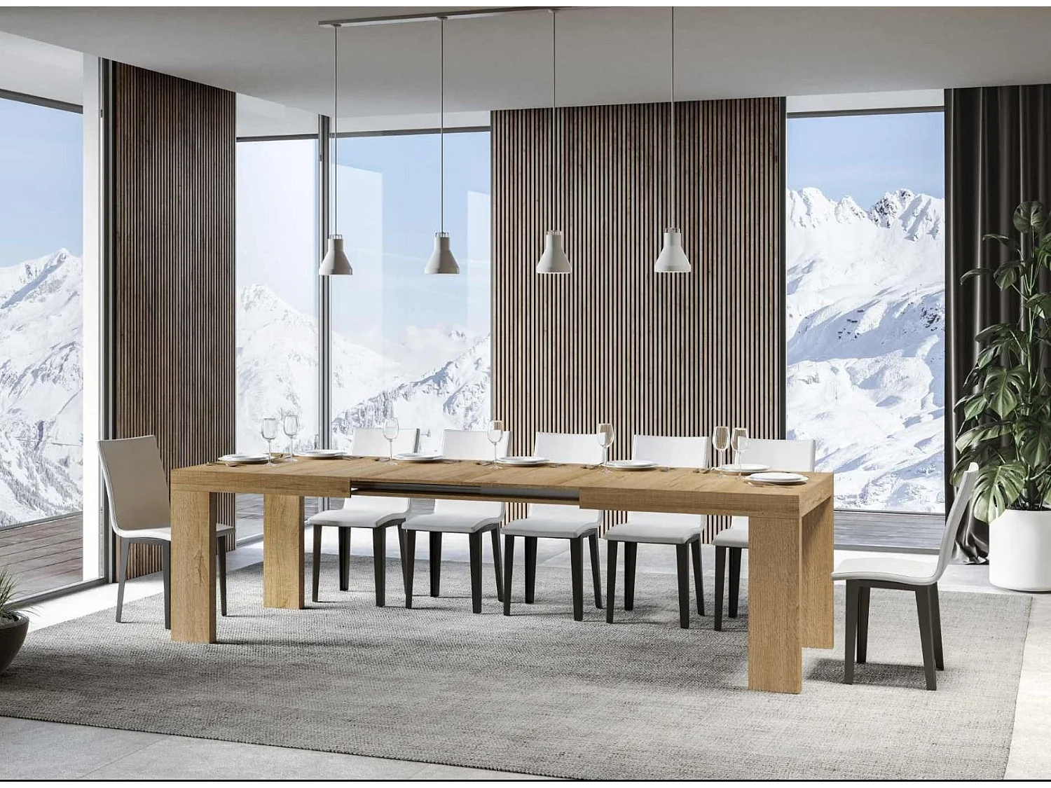 Mesa de comedor extensible de madera Ribo-Color Natural-Base y soporte con ruedas-5 alargaderas finas-Ancho extensible