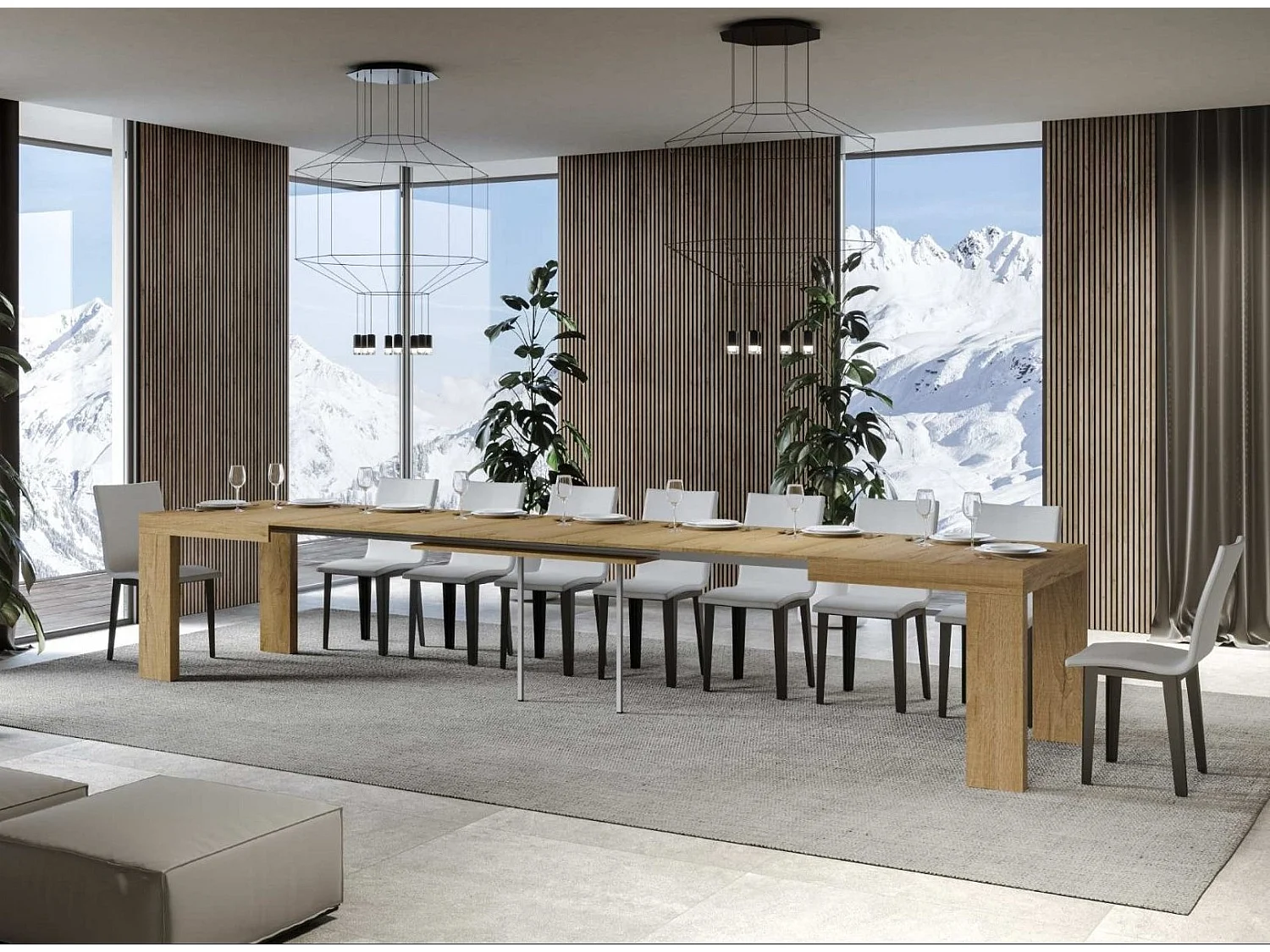 Mesa de comedor extensible de madera Ribo-Color Natural-Base y soporte con ruedas-5 alargaderas finas-Ancho extensible