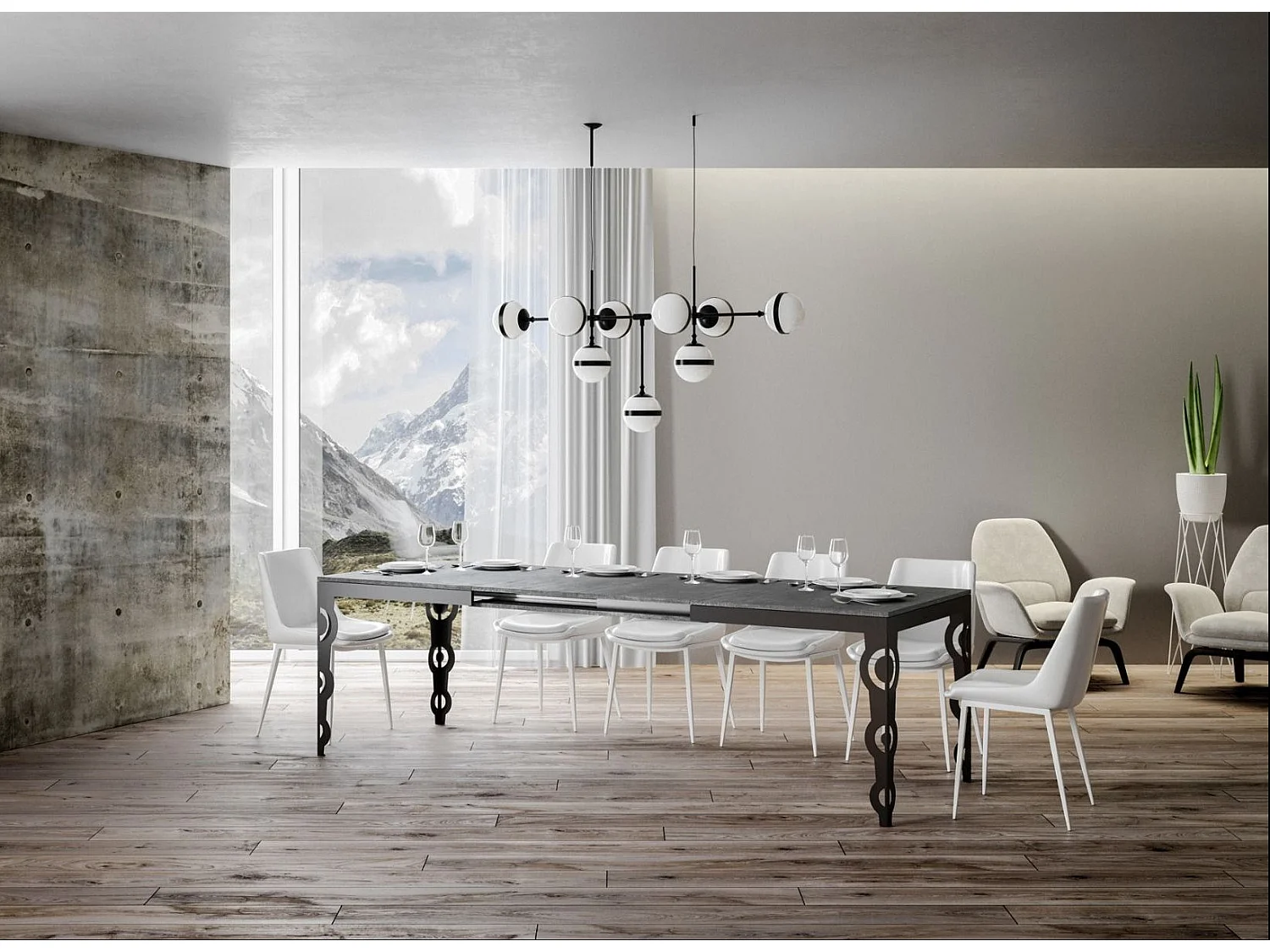 Mesa rectangular oriental extensible para 6 a 20 personas L 160 a 420 cm estructura de metal gris hormigón y antracita Zakary