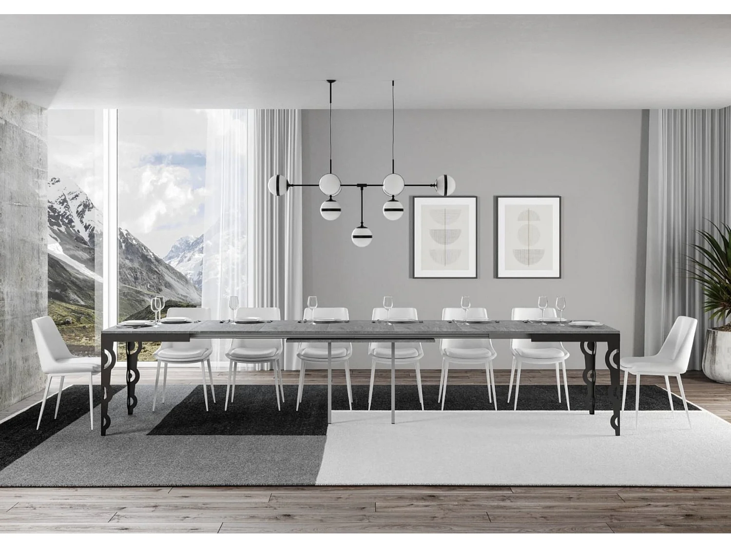 Table rectangulaire extensible orientale 6 à 20 personnes L 160 à 420cm gris béton et cadre métal anthracite Zakary