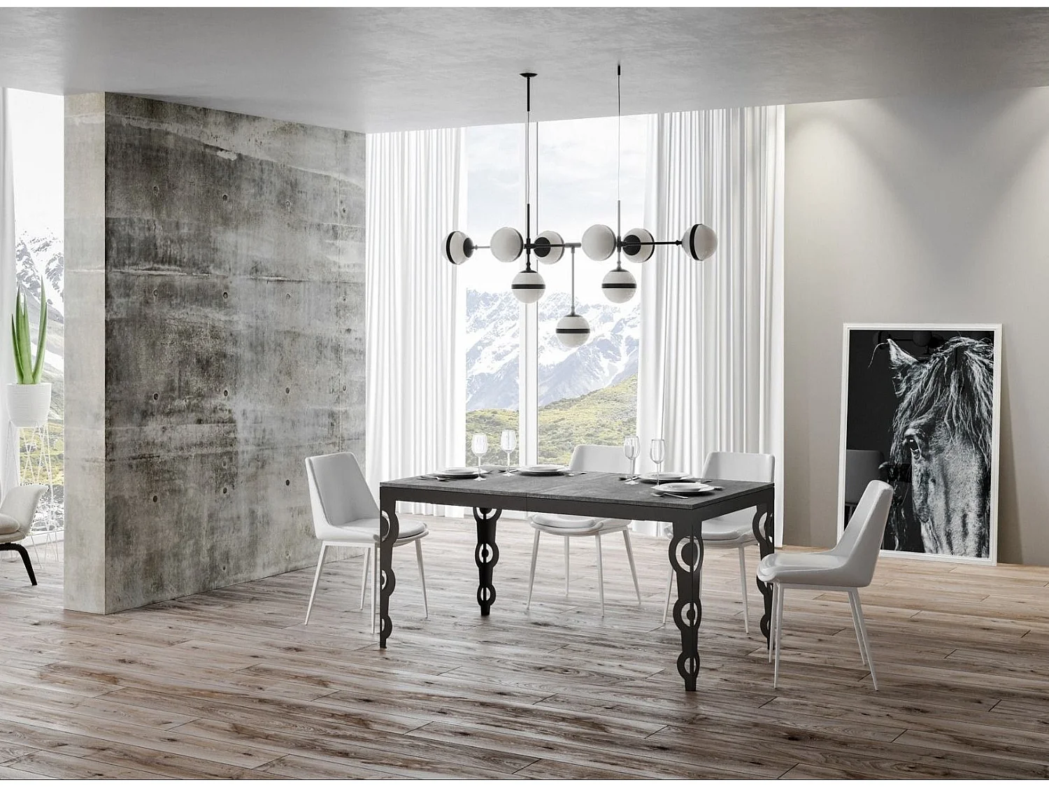 Table rectangulaire extensible orientale 6 à 20 personnes L 160 à 420cm gris béton et cadre métal anthracite Zakary