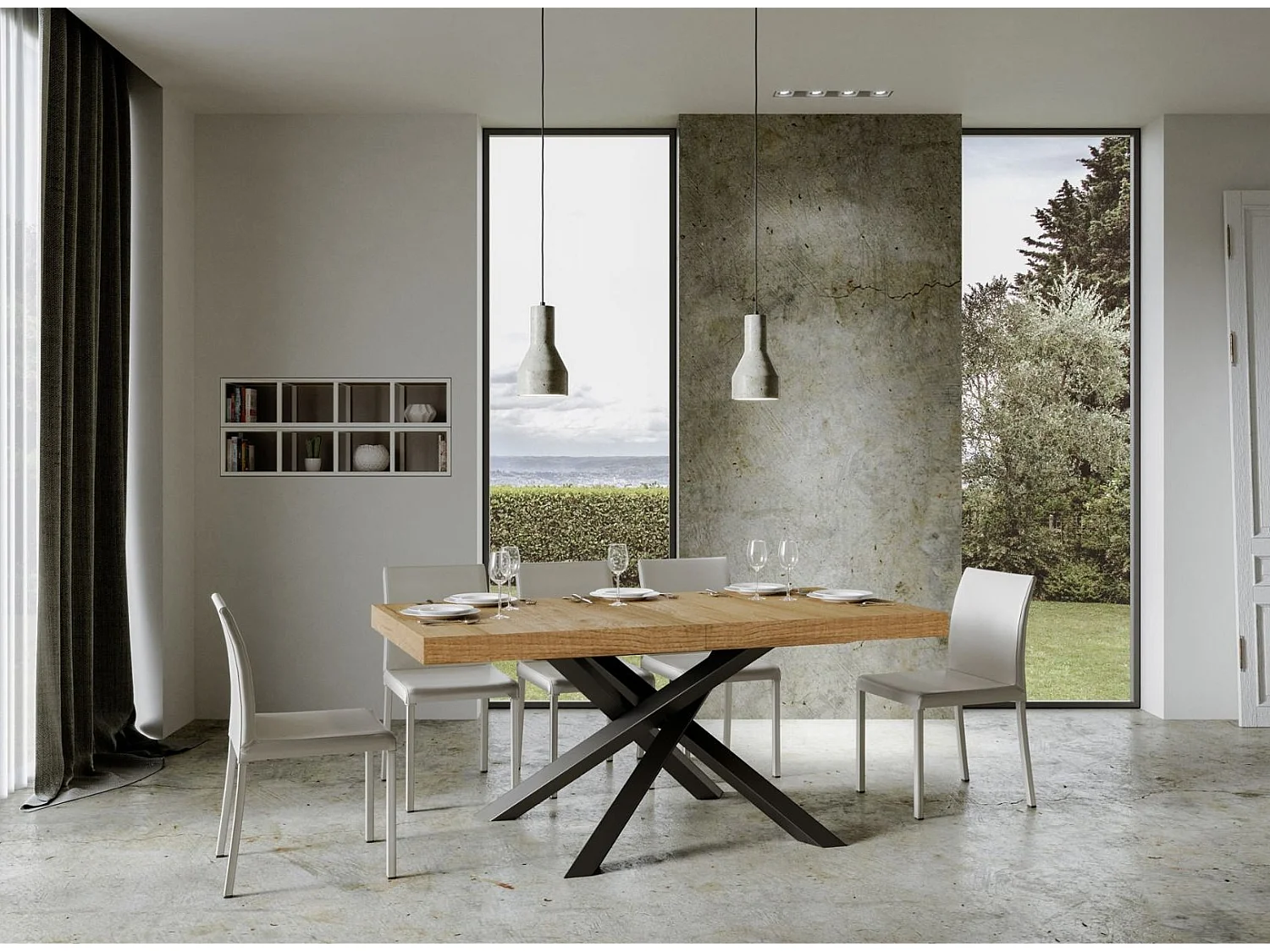 Mesa extensible de diseño con patas entrelazadas antracita Artemis-Color Natural-5 alargaderas finas-Ancho extensible