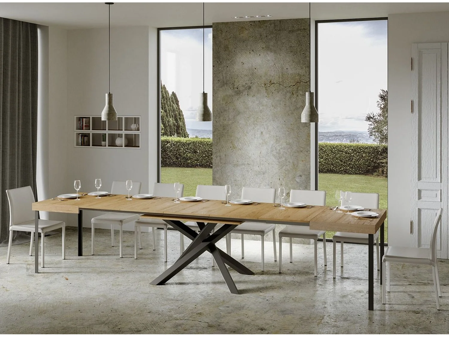 Mesa extensible de diseño con patas entrelazadas antracita Artemis-Color Natural-5 alargaderas finas-Ancho extensible