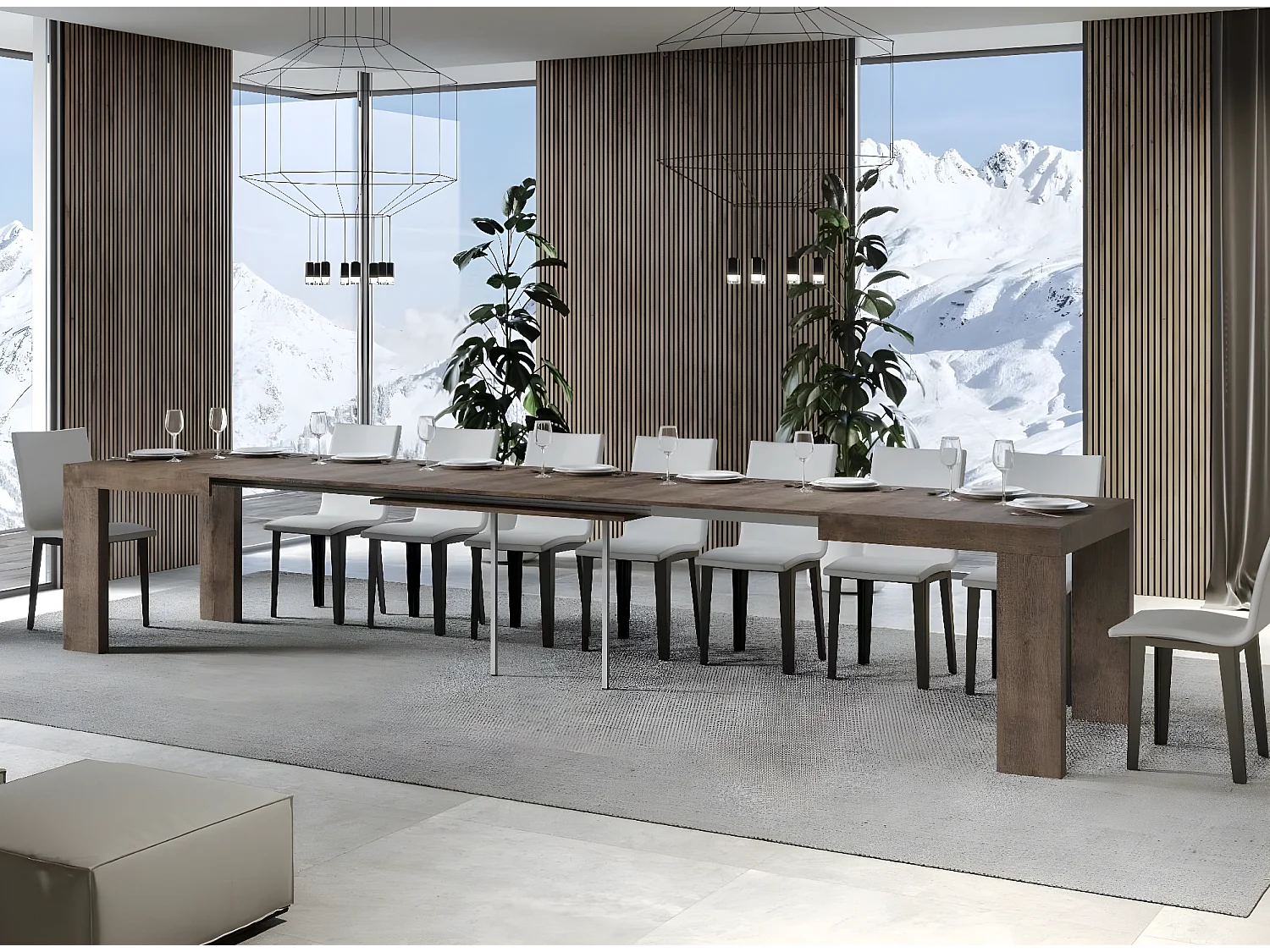 Table rectangulaire extensible 180 à 440cm bois foncé Ribo-Support 4 pieds